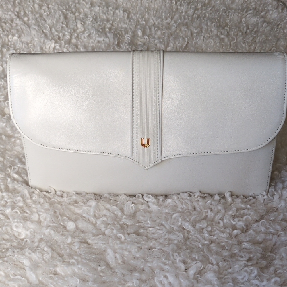 Emanuel Ungaro White Leather Clutch with Gold Accent